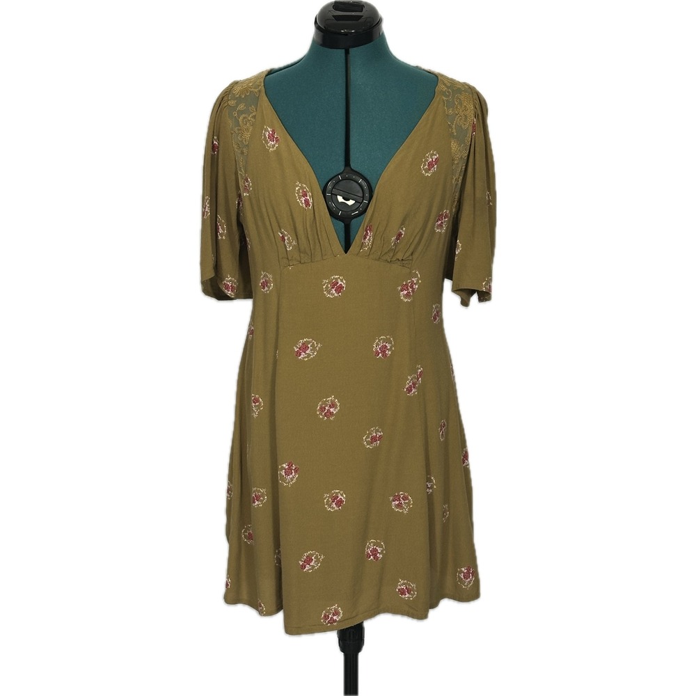Free People Faded Bloom Mini Dress 8 Olive Green Floral Open Back Boho OB689069